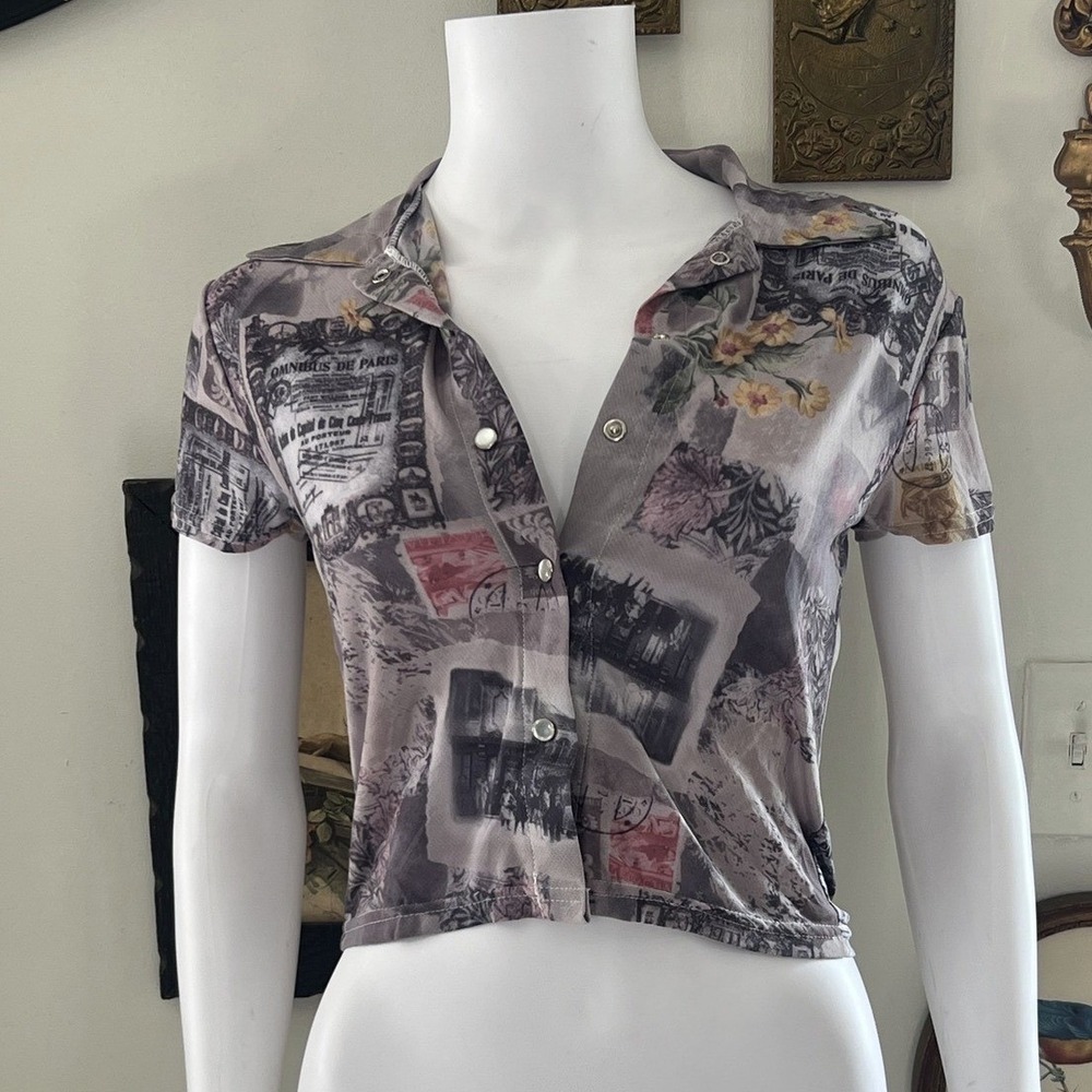 Vintage Cheryl Creations Postal Collage Floral Print Short Sleeve Crop Top Sz M